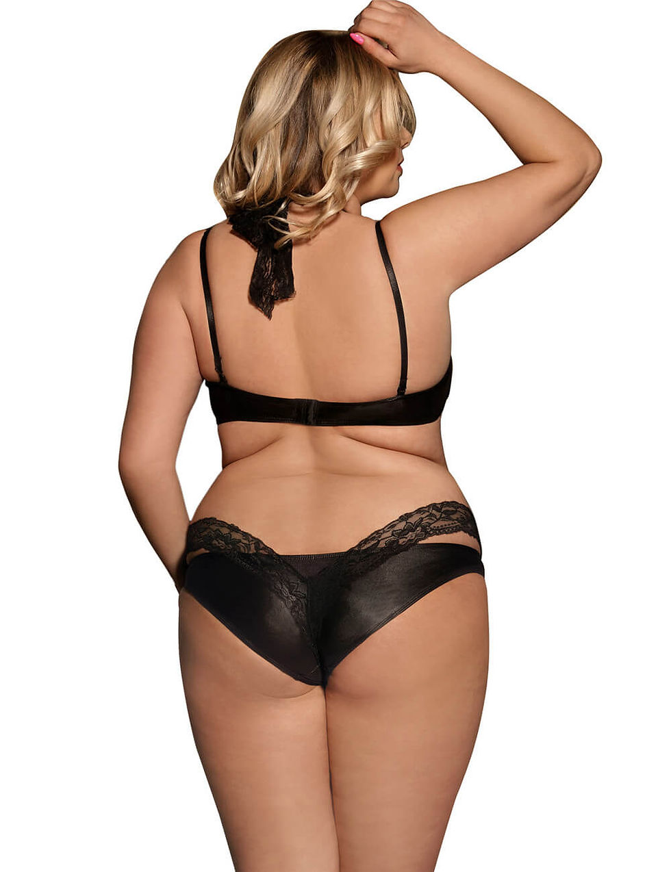 Thumbnail: Sexy black faux leather and lace plus size lingerie set