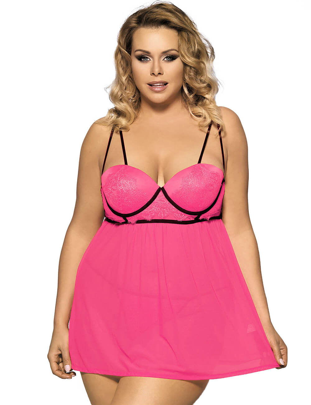Sexy pink lace and sheer plus size lingerie babydoll