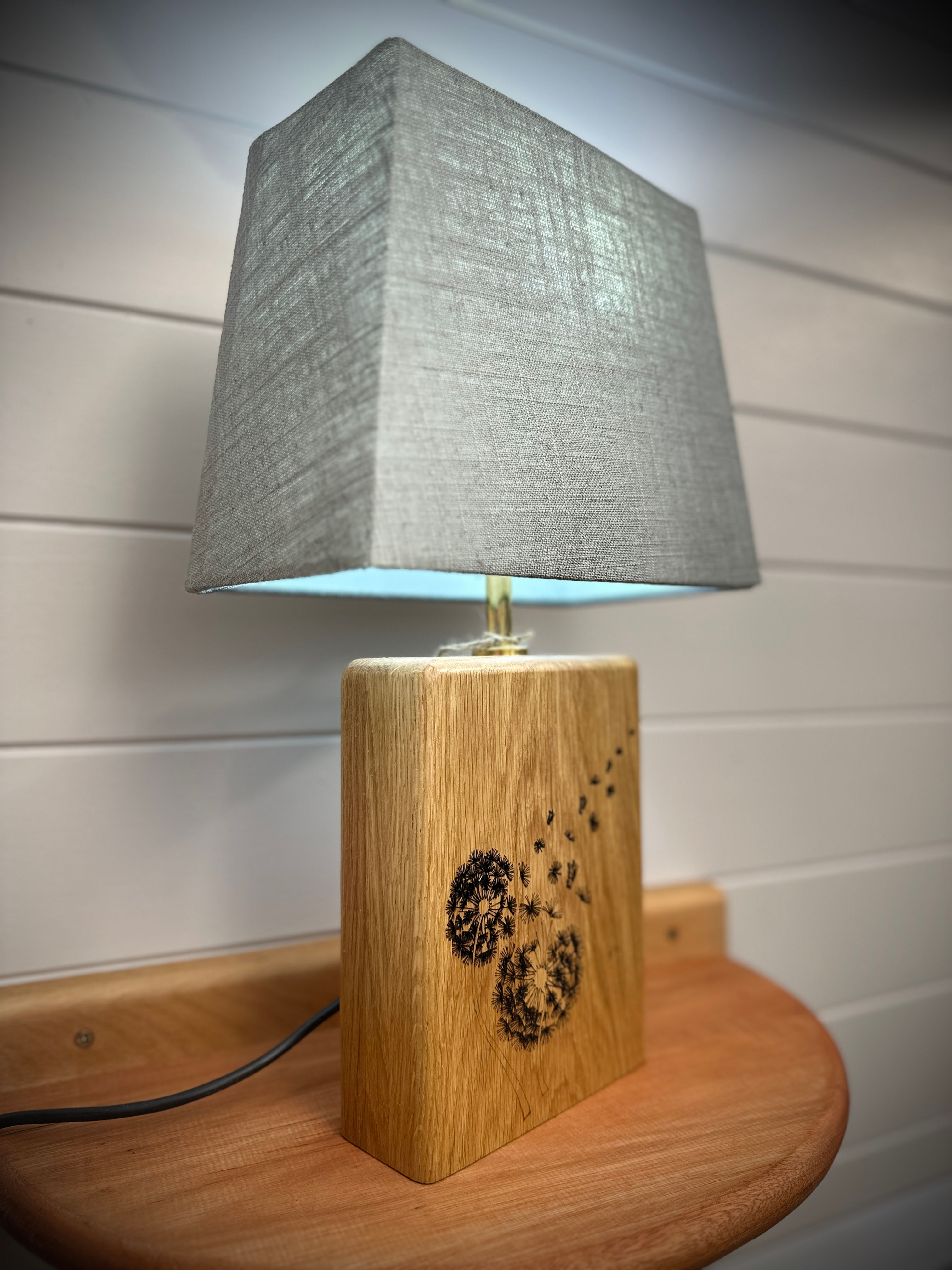 Solid Florian oak handmade lamp-  Dandelion light etch design