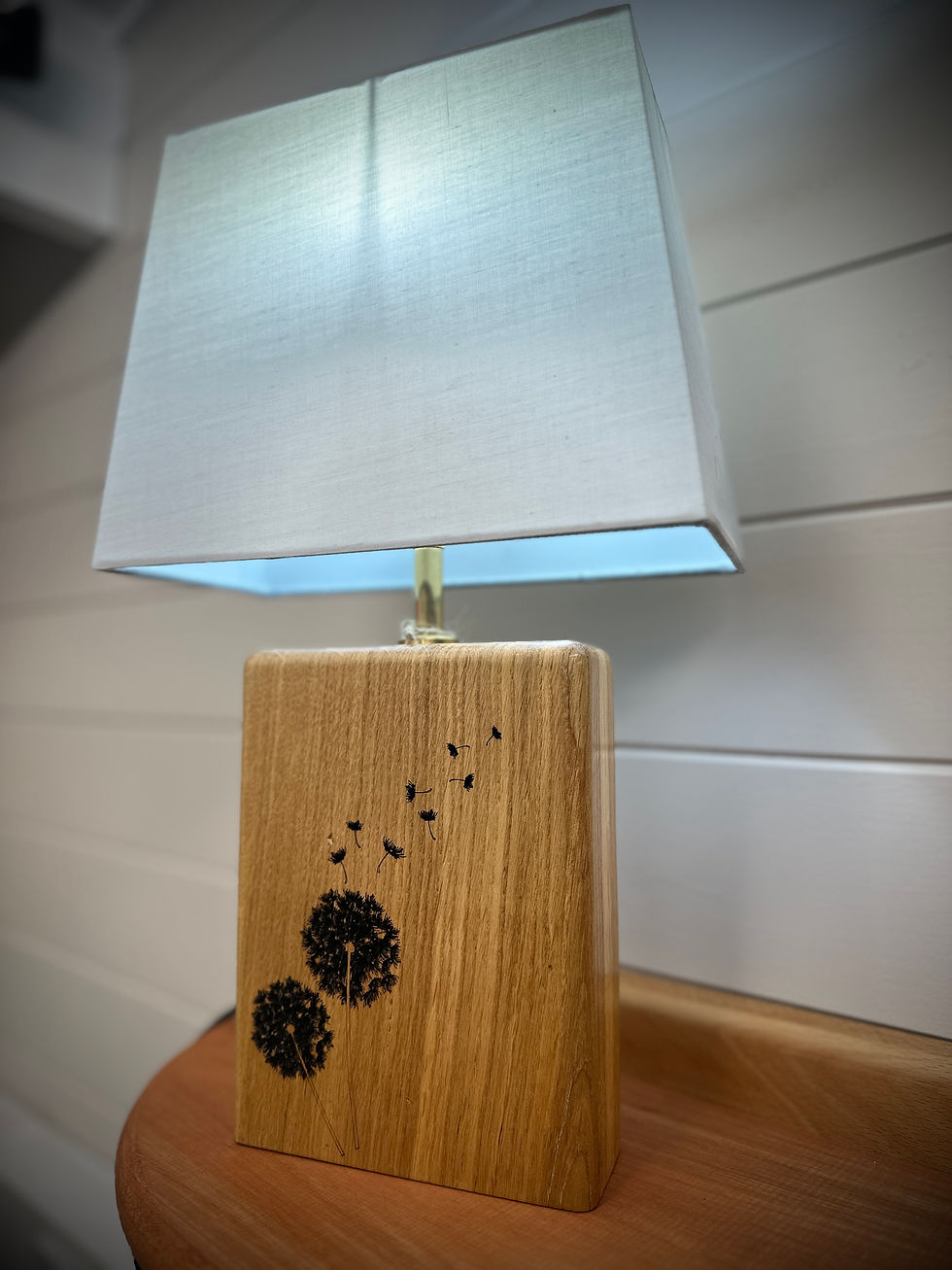 Thumbnail: Solid Florian oak handmade lamp-  Dandelion deep etch design