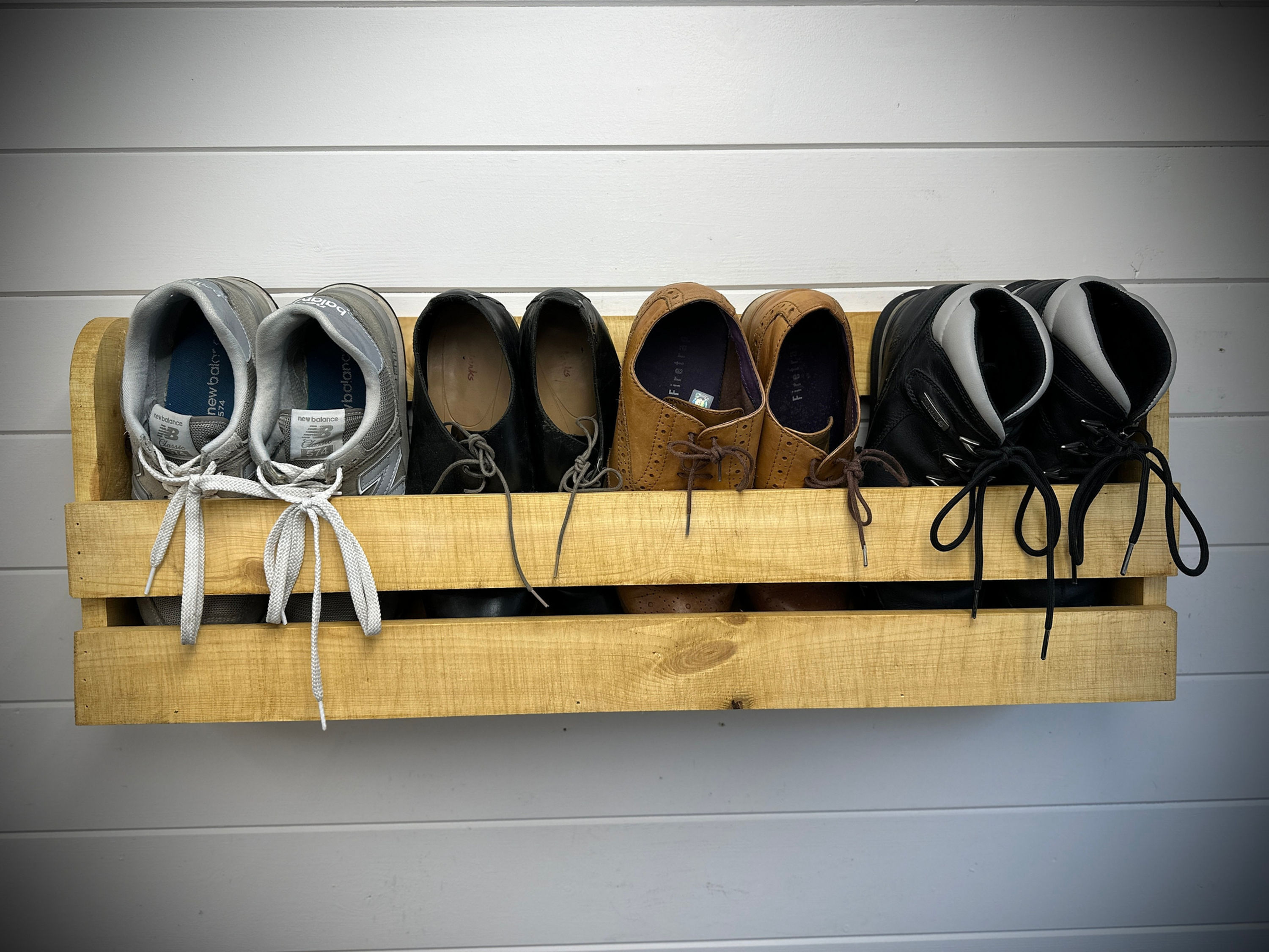 Wall mounted hallway rustic shoe rack- Antique pine