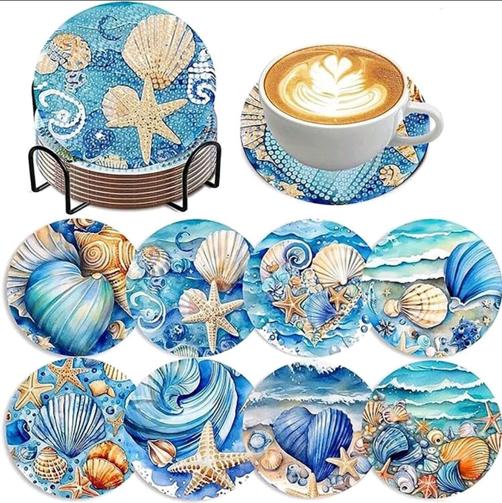 Starfish & Shell Pattern 8pcs, 5D Diamond Painting Coasters