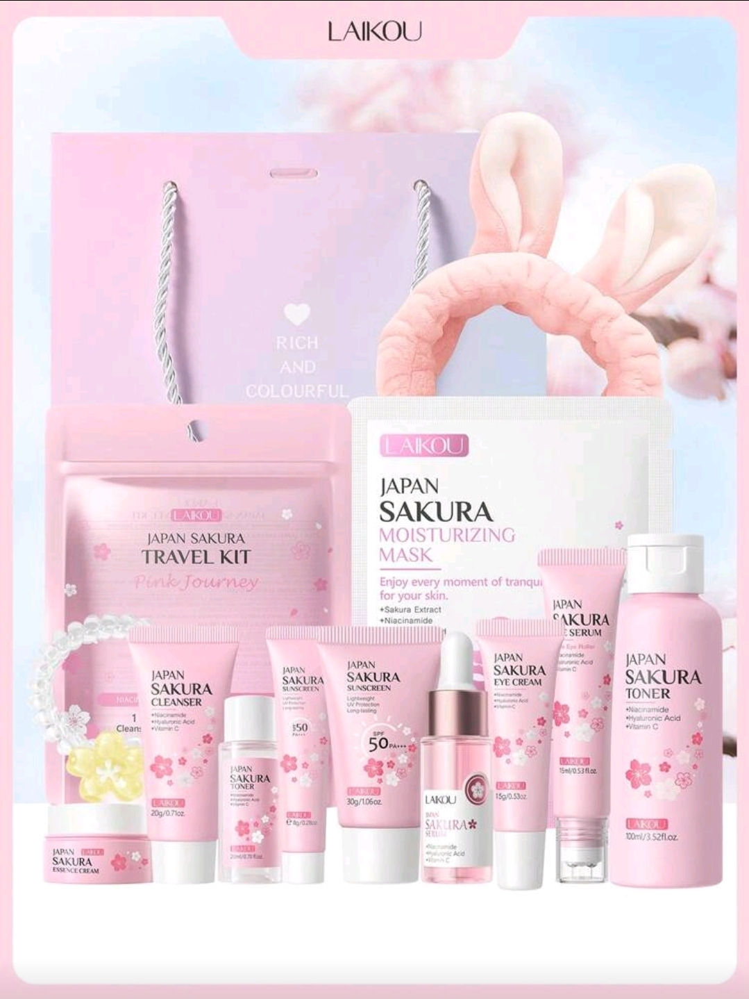 Travel Size: Moisturizing and Brightening LAIKOU Japanese Sakura Skincare Set 