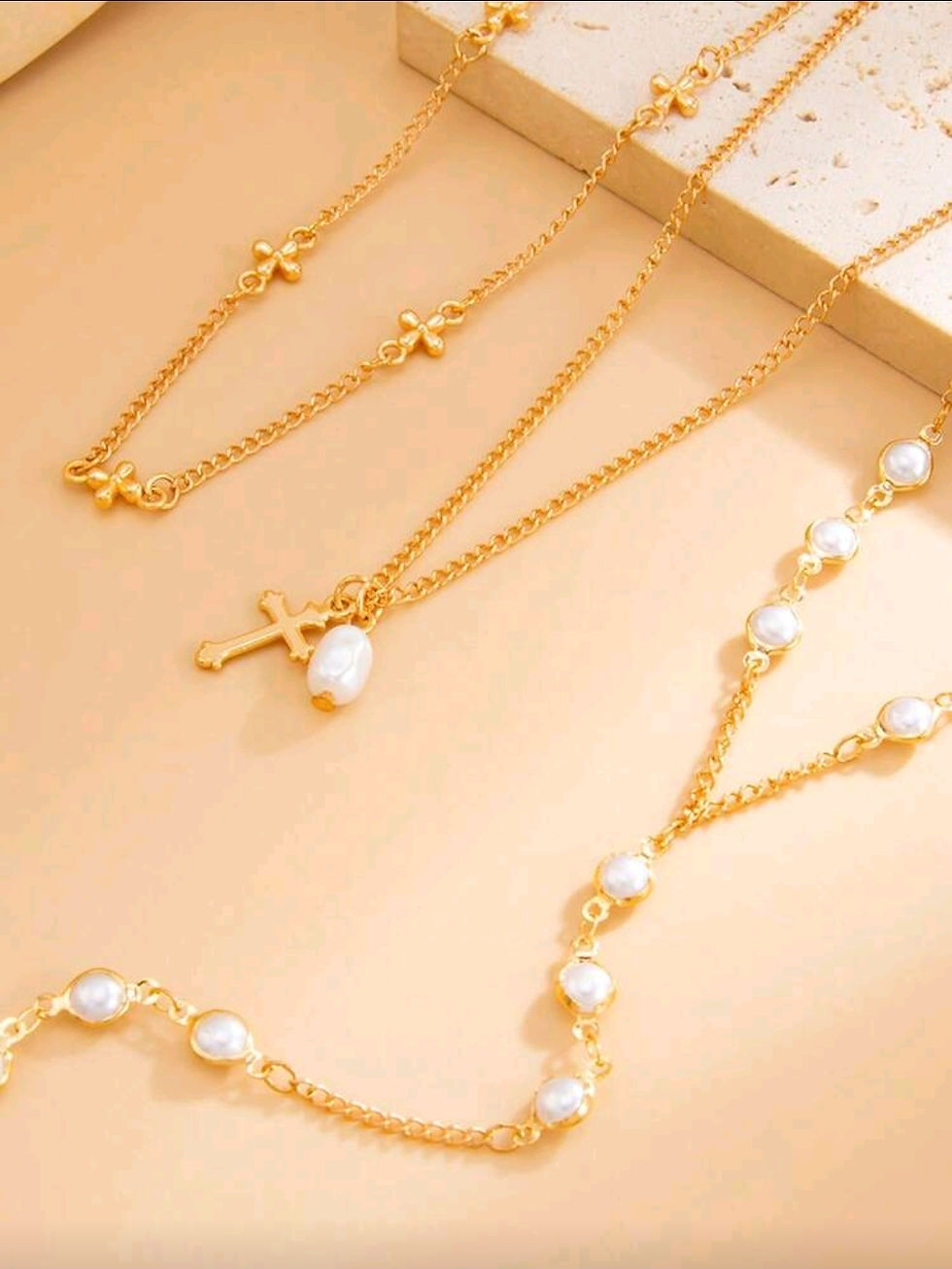 Thumbnail: 1 Set Of 3pcs Minimalist Chain Micro-Inlaid Faux Pearl Y-Shaped necklace 