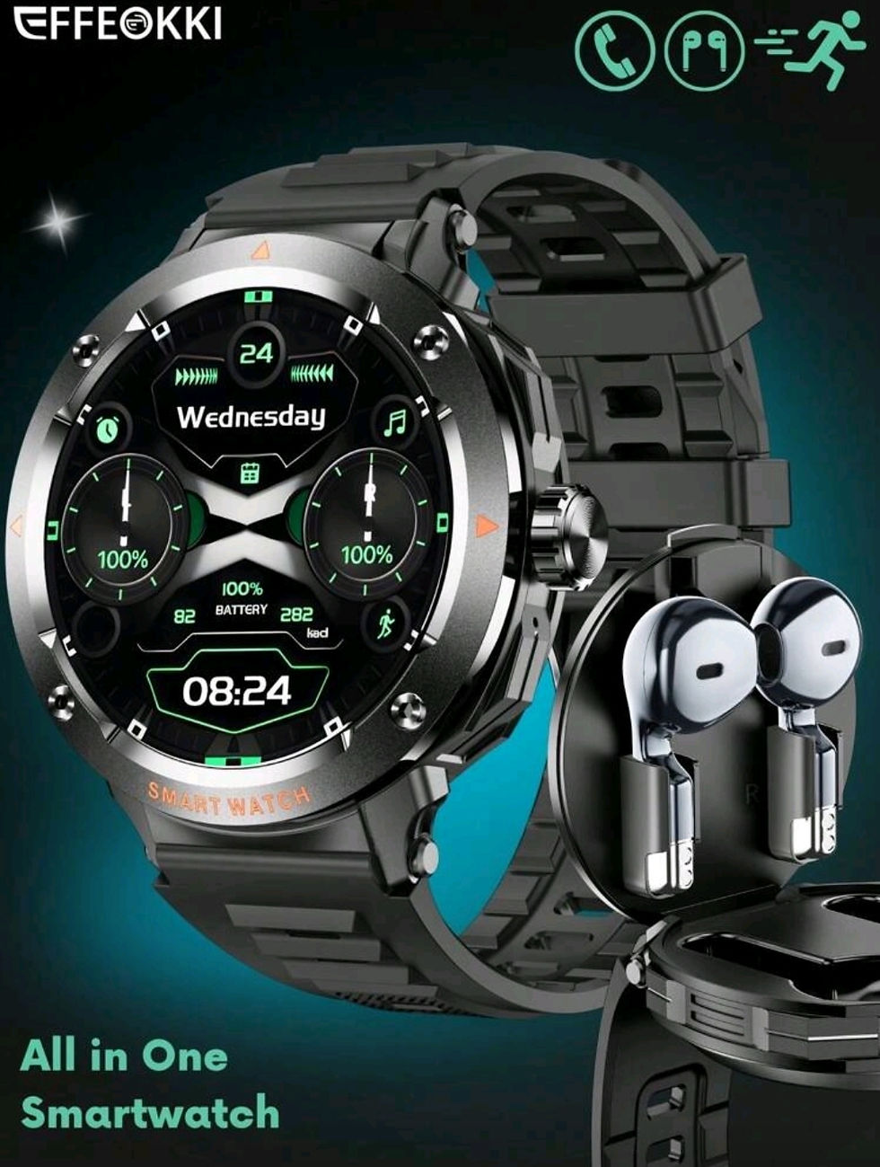 EFFEOKKI 2-In-1 Smart Watch With Earbuds For Men