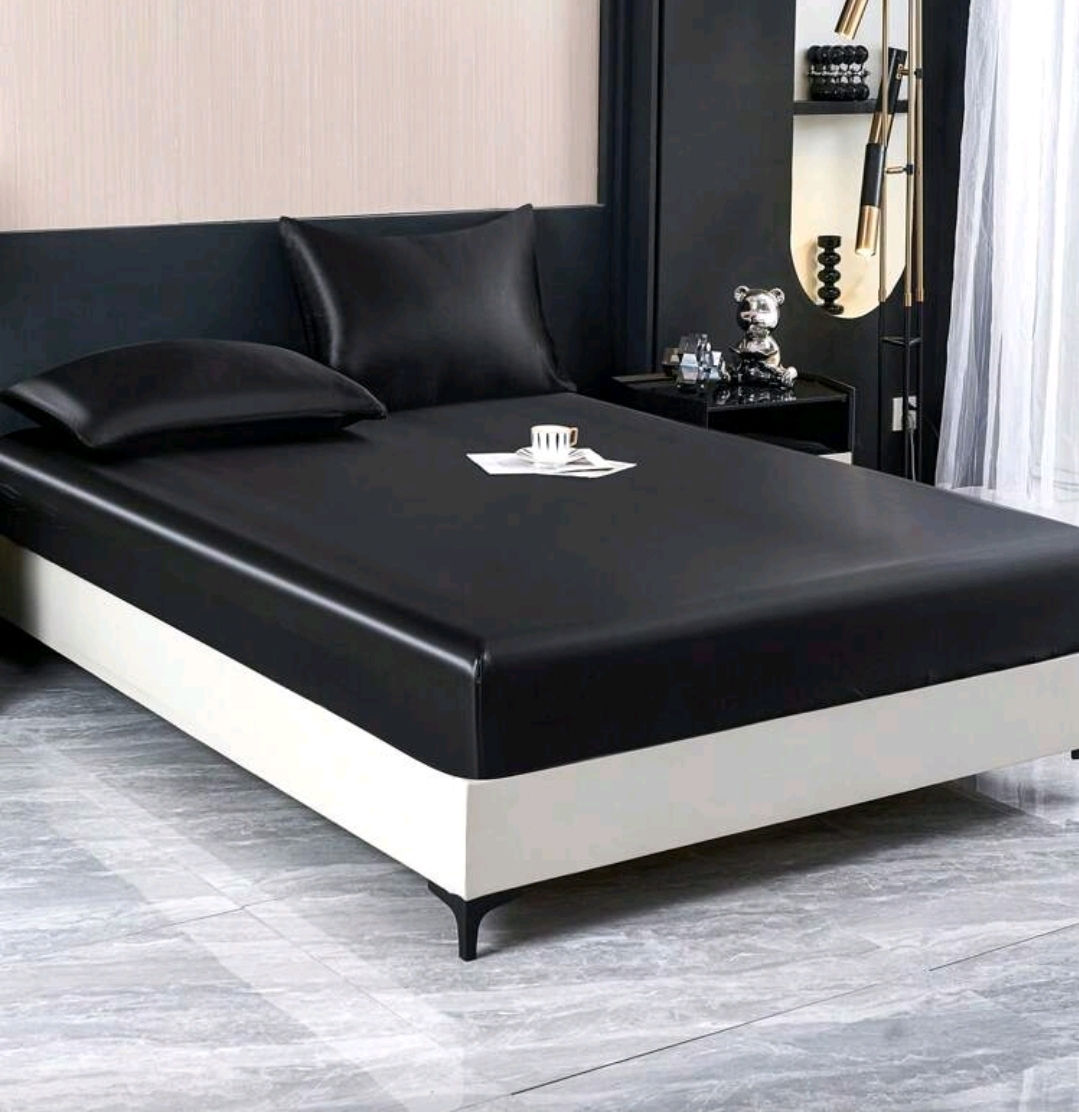 3pcs Solid Colour Black Satin Silk Fitted Sheet and Pillowcases Set