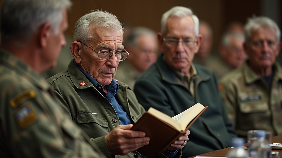 Eye-level view of a veteran sharing stories at a 30th Infantry Division reunion