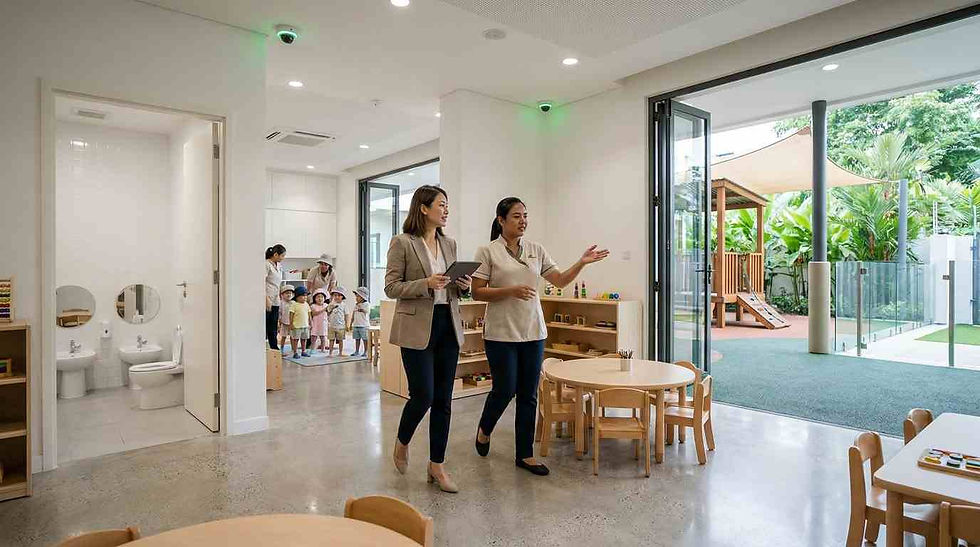Clean and safe childcare centre classroom with organized toys, sanitized play areas, and teachers supervising children.