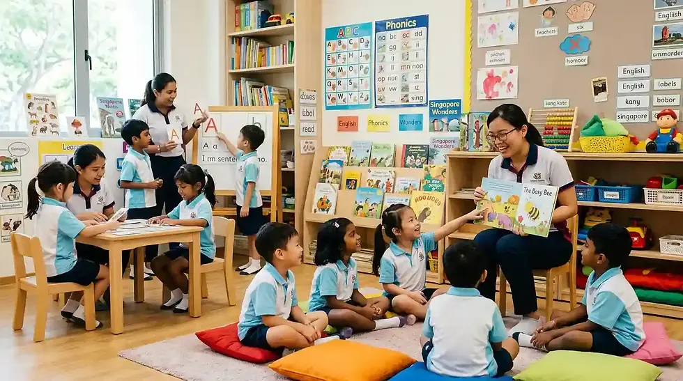 Kindergarten children practicing communication and language skills through storytelling, reading, rhymes, and group discussions in Singapore.