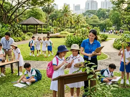 Students participating in outdoor learning activities in Singapore through nature exploration, teamwork, and hands-on educational experiences.