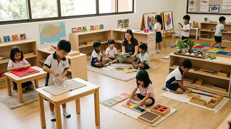 Children learning practical life skills, language, maths, creativity, and sensory activities in a Montessori classroom in Singapore.