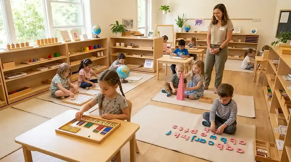Mixed-age children learning independently in a Montessori classroom with hands-on materials while a teacher guides and observes naturally.