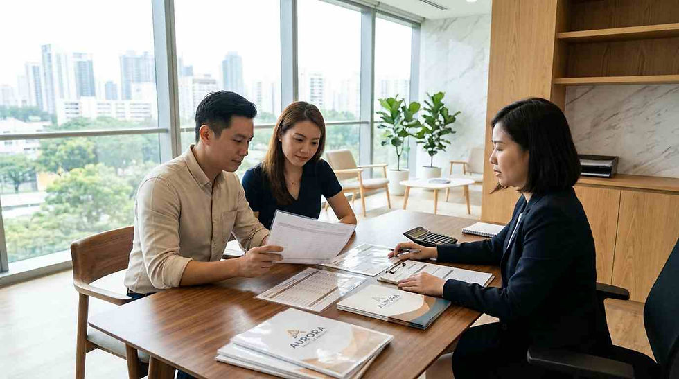 Parents discussing childcare fees and enrollment costs at a childcare centre in Singapore with staff assistance.