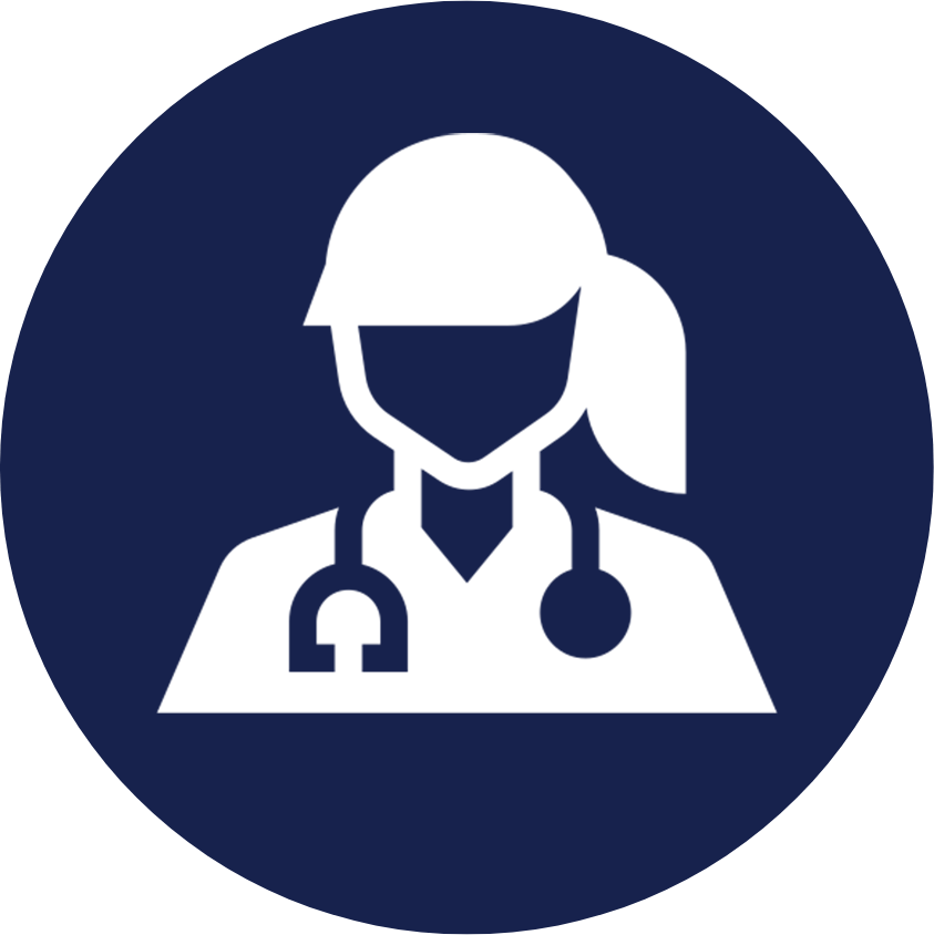 White doctor icon with stethoscope on a dark blue background.