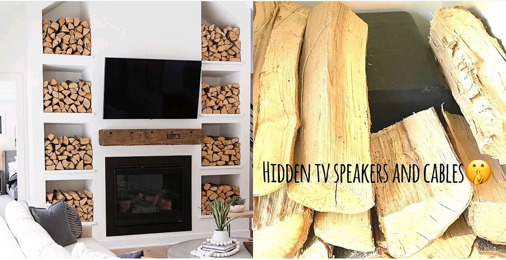 Fireplace stacked wood hidden speakers and wires