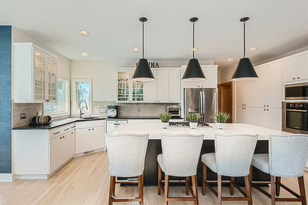 black kitchen island and white perimeter cabinets, 3 black cone pendants