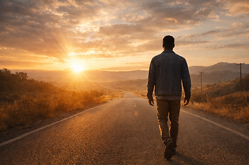 A young man walking alone on a quiet road at sunrise, symbolising purpose, faith, and following Christ with direction and trust