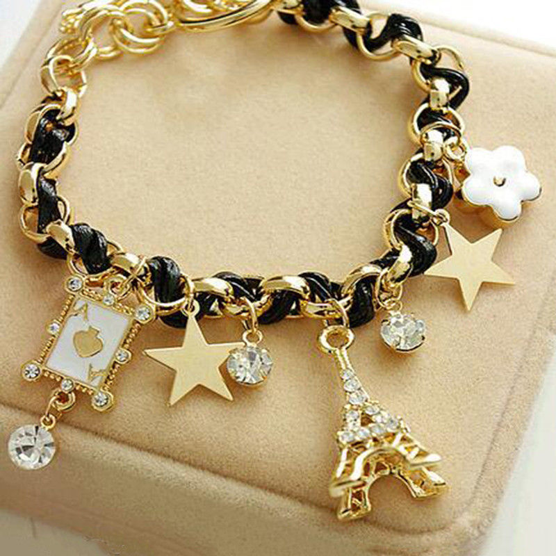 Thumbnail: Women Gold Plated Eiffel Theme Charm Bracelet