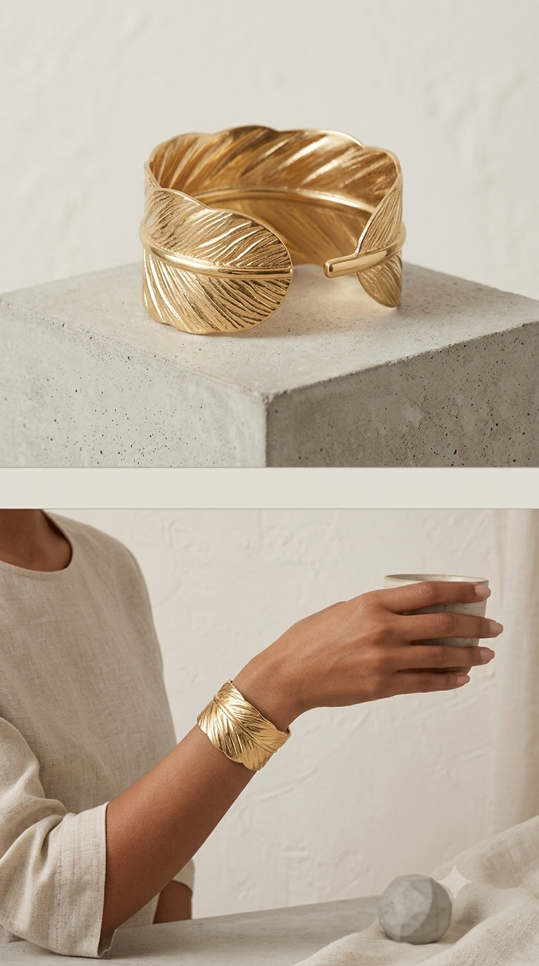 Thumbnail: Gold Platted Palm Leaf Cuff Bracelet