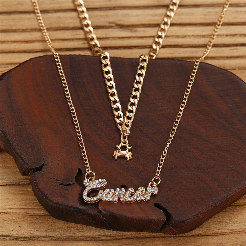 Thumbnail: Women Gold Plated Double layer Zodiac sign  necklace