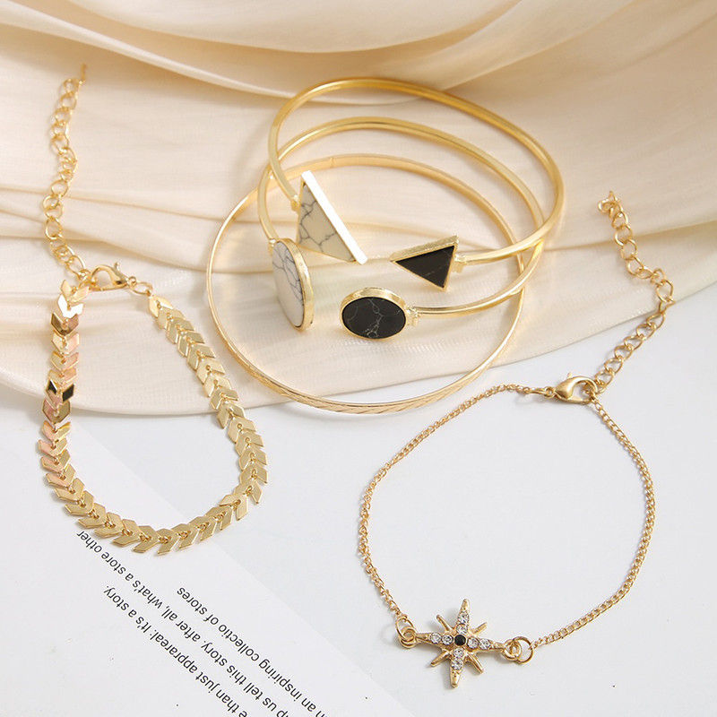 Thumbnail: Women Gold Plated Geometric Set Of 5 Stackable Bracelet Set