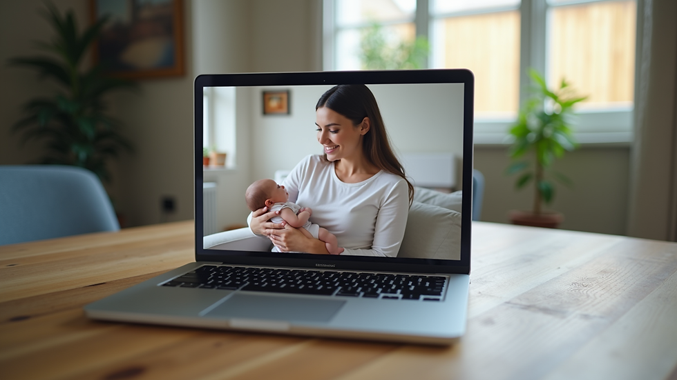 Close-up view of a laptop screen showing a virtual lactation consultation in progress