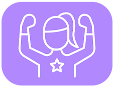 Purple box with white icon of a girl holding fists up in the air