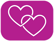 Magenta box with white icon of two hearts linking