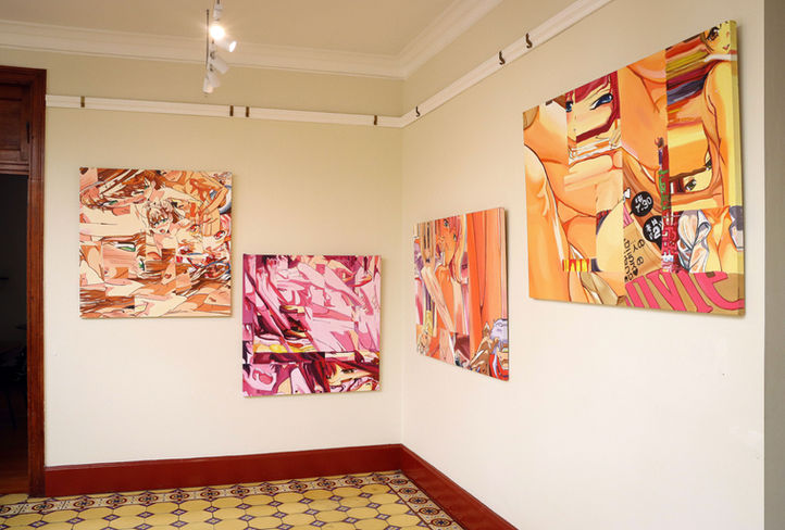 Installation view of "Of Desire and Anime" by Vanessa Karin at the group exhibition "Esto no es FanArt" (curated by Max Hernández Calvo) at Alianza Francesa, Lima, 2025.