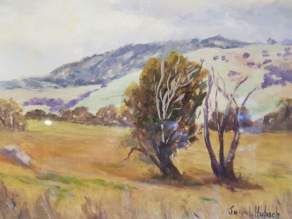 OVER THE HILLS AND FAR AWAY. OIL ON STRETCHED CANVAS FRAMED AND SIGNED. 19cm h