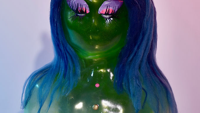 Mold blown soft glass, epoxy sculpt, acrylic paint, yarn