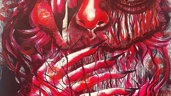 lipstick, colored pencil, and pen and ink on paper