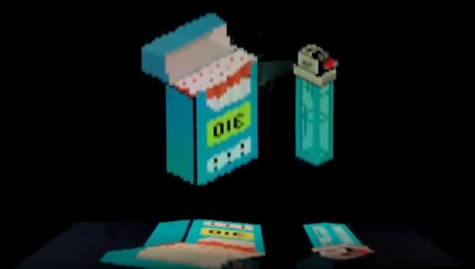 cigarettes and lighter digital pixel art and edited video, recorded projection effect
(using iphone as video source, transparent piece of angled plexiglass as ‘projection screen’).