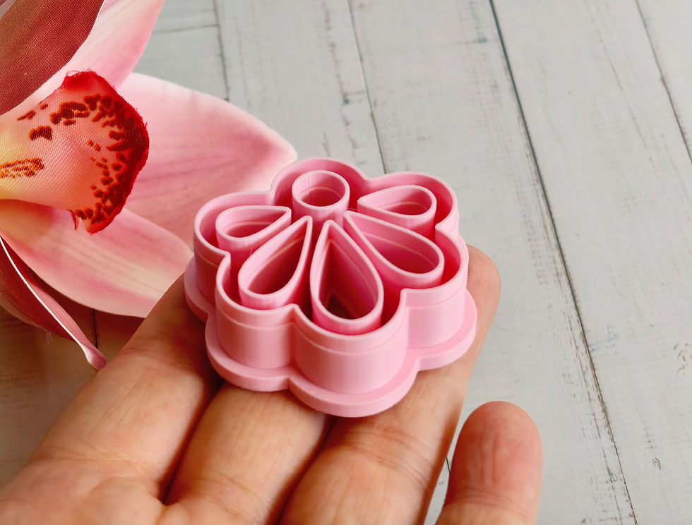 Thumbnail: Cutout Flower polymer clay cutter shown in hand, side view, lightweight 3D printed tool for precise clay cutting