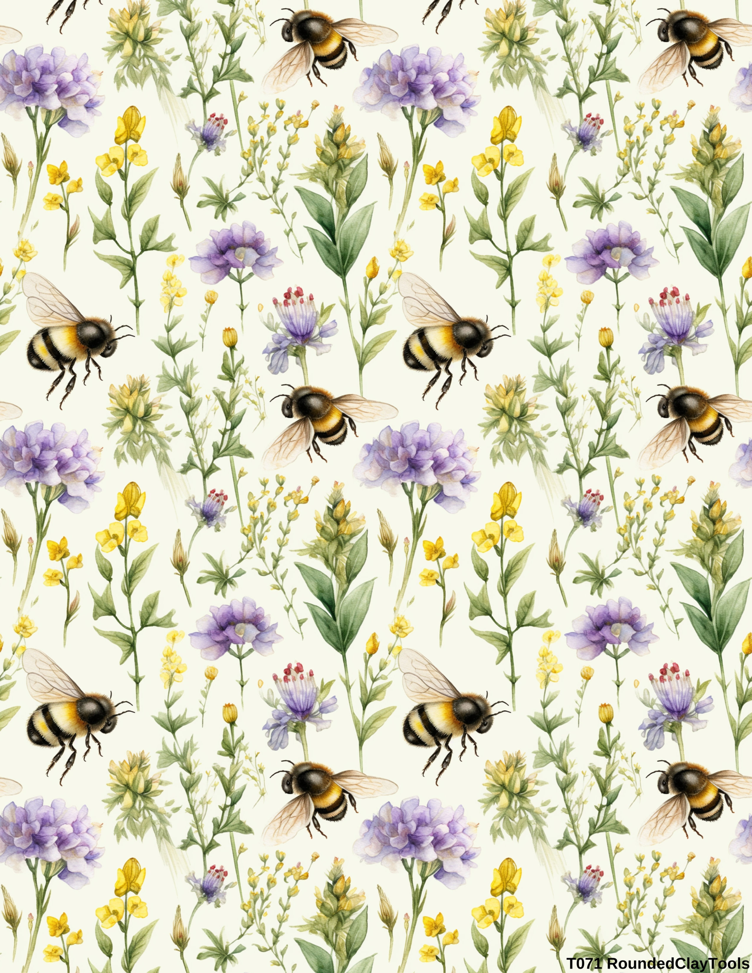 Water-soluble transfer paper with Wild Floral and Bees design for polymer clay