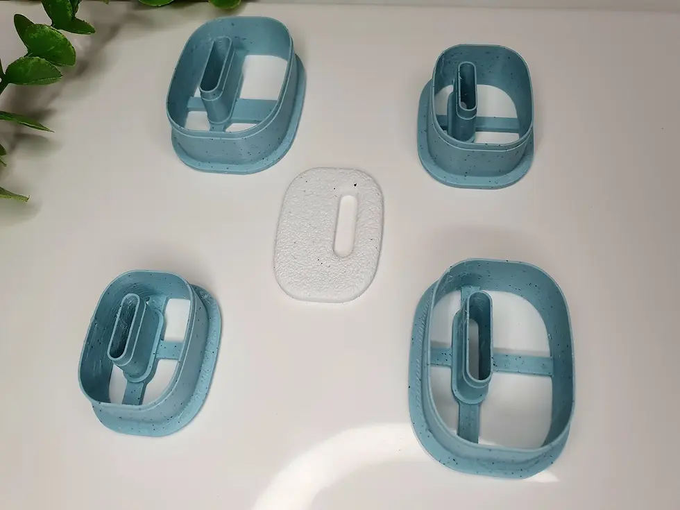Thumbnail: Close up cutout oval polymer clay cutters in multiple sizes, side view, 3D printed geometric cutters for clay crafts