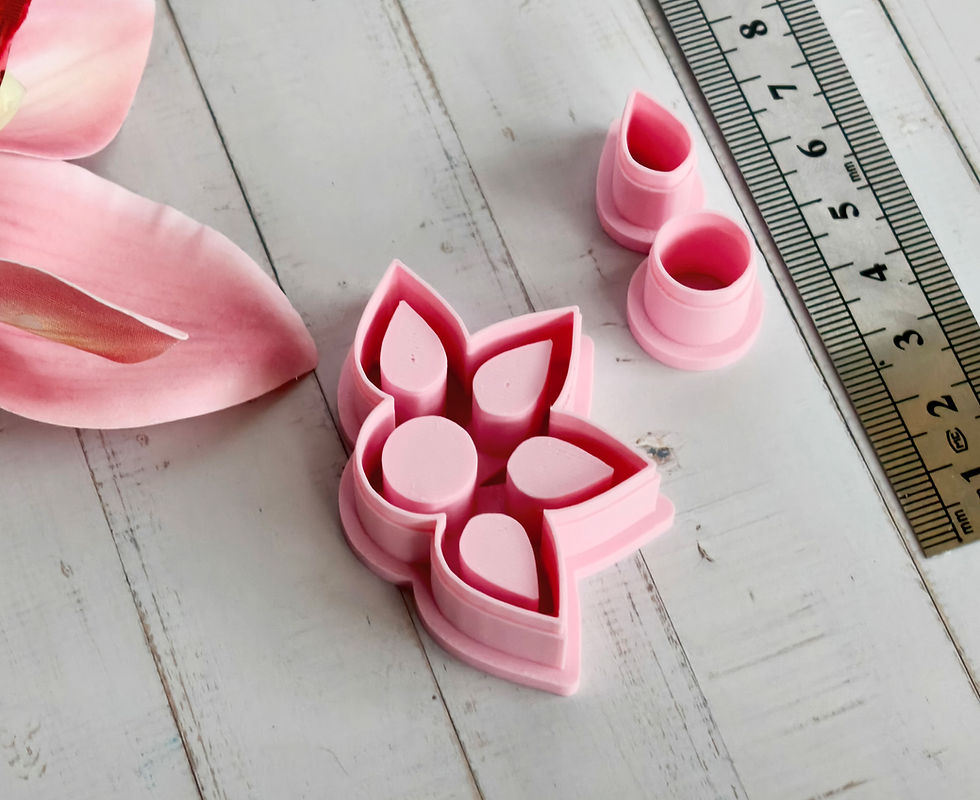 Thumbnail: Half flower polymer clay cutters in multiple sizes, side view, 3D printed floral cutters for clay crafts