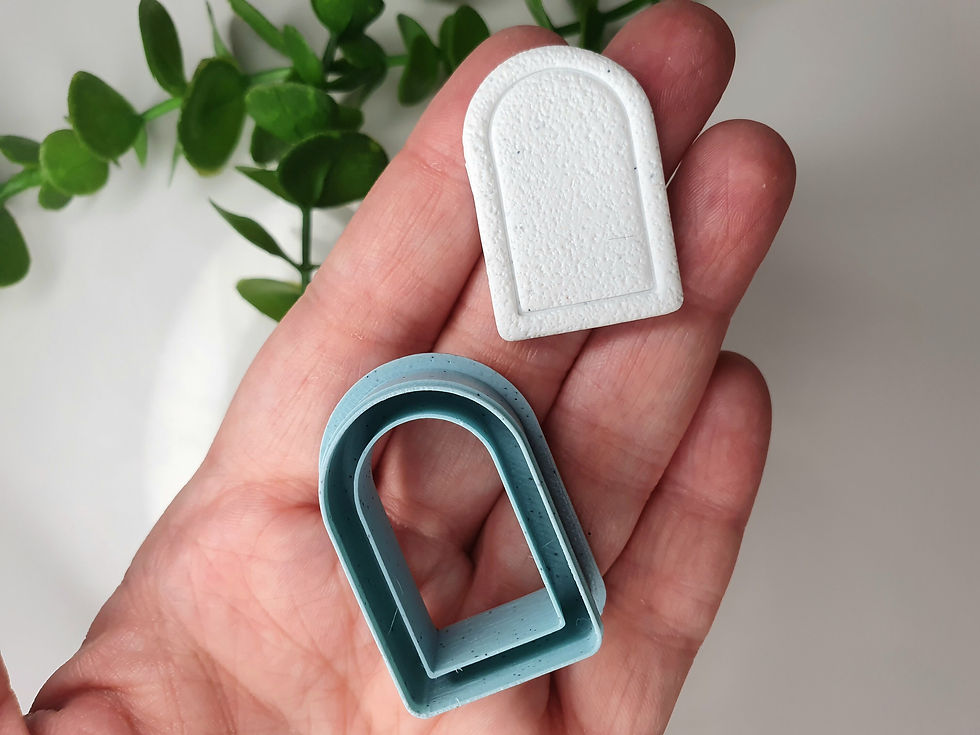 Thumbnail: Framed Arcade polymer clay shape shown in hand, shape and cutter, made by a 3D printed cutter