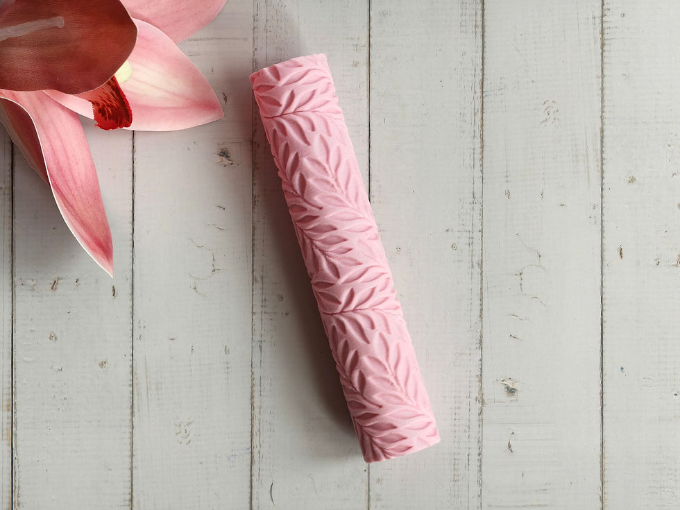 Thumbnail: Polymer clay textured roller showing leaves seamless embossed pattern