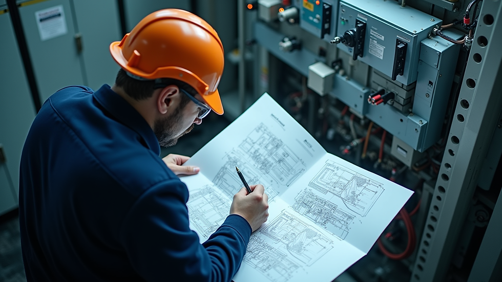 High angle view of engineer reviewing electrical system diagrams