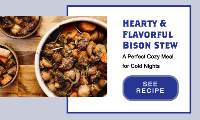 Bowls of hearty bison stew with carrots and herbs on a wooden surface. Text: "Hearty & Flavorful Bison Stew. See recipe." Cozy mood.