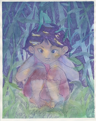Girl hiding in bamboo.