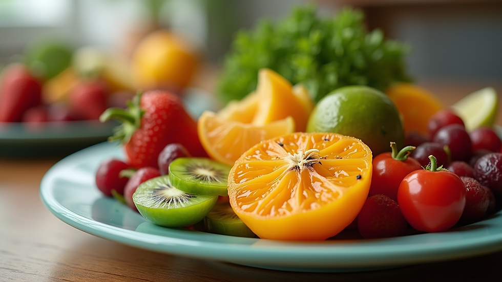 Eye-level view of a colorful plate filled with fresh fruits and vegetables