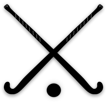 Two hockey sticks cross over a ball.