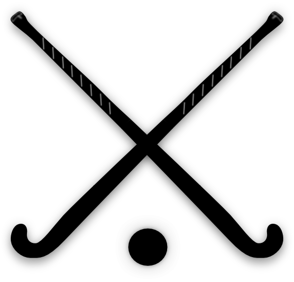 Two hockey sticks cross over a ball.