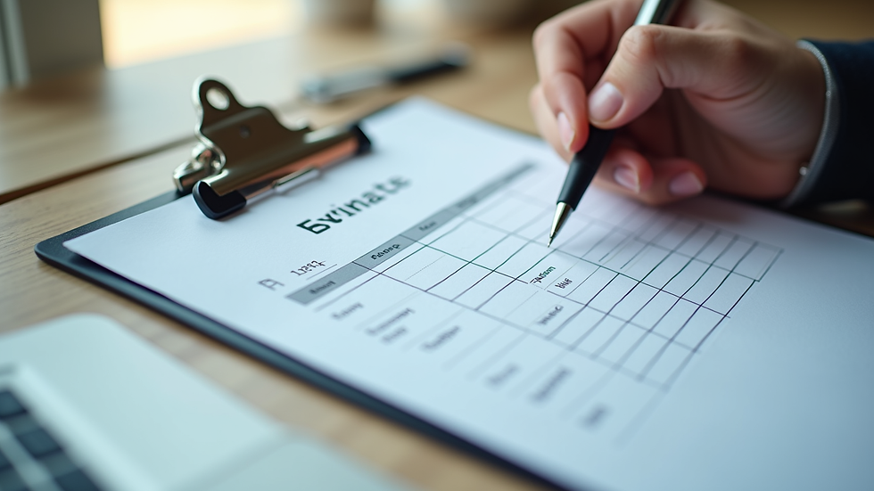 Close-up view of a clipboard with a moving estimate form and pen