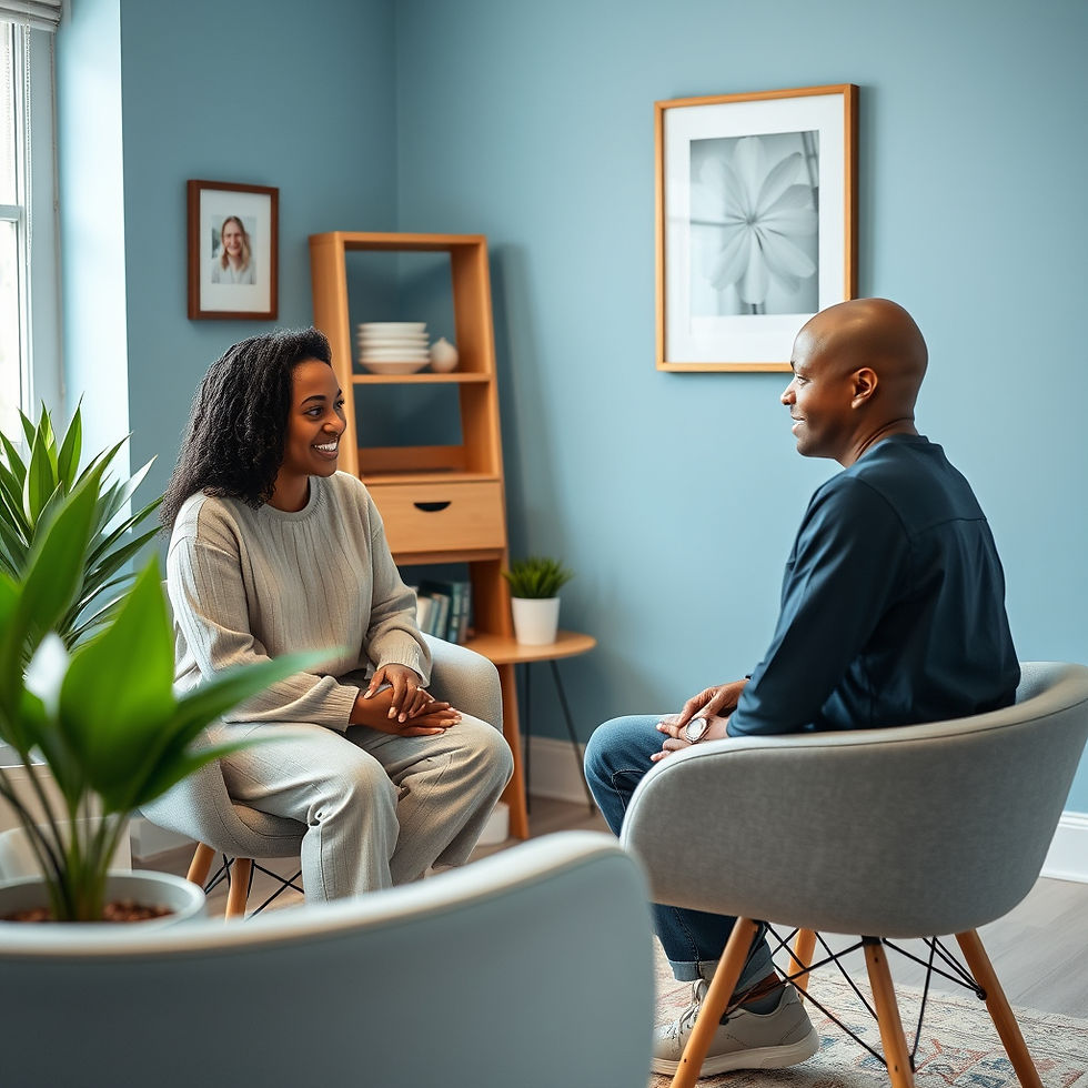 black talk therapist in a therapy session with a client in an asthetically pleasing and ca