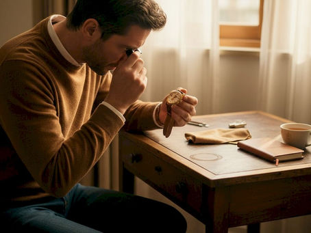 Man inspecting automatic watch at home desk