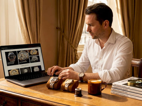Collector compares luxury watches at home workspace