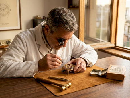 Watchmaker inspecting luxury watch movement